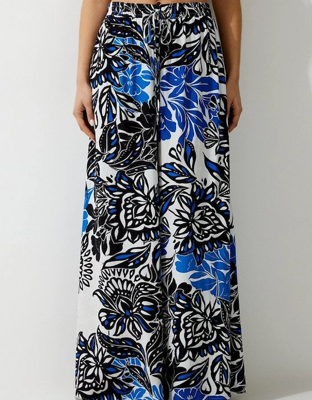Floral Printed Viscose Crepe Woven Wide Leg Trousers