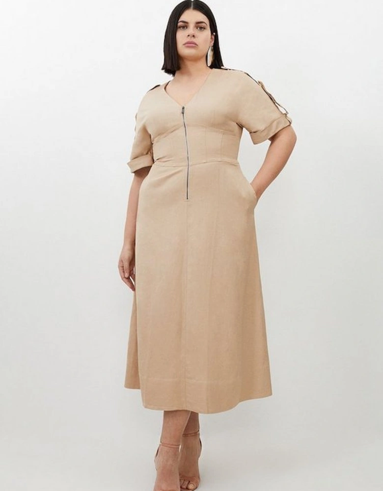 Plus Size Premium Linen Twill Woven Short Sleeve Midi Dress