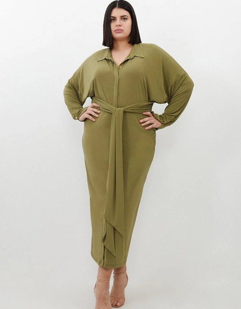 Plus Size Ruched Tie Waist Jersey Crepe Shirt Midi Dress