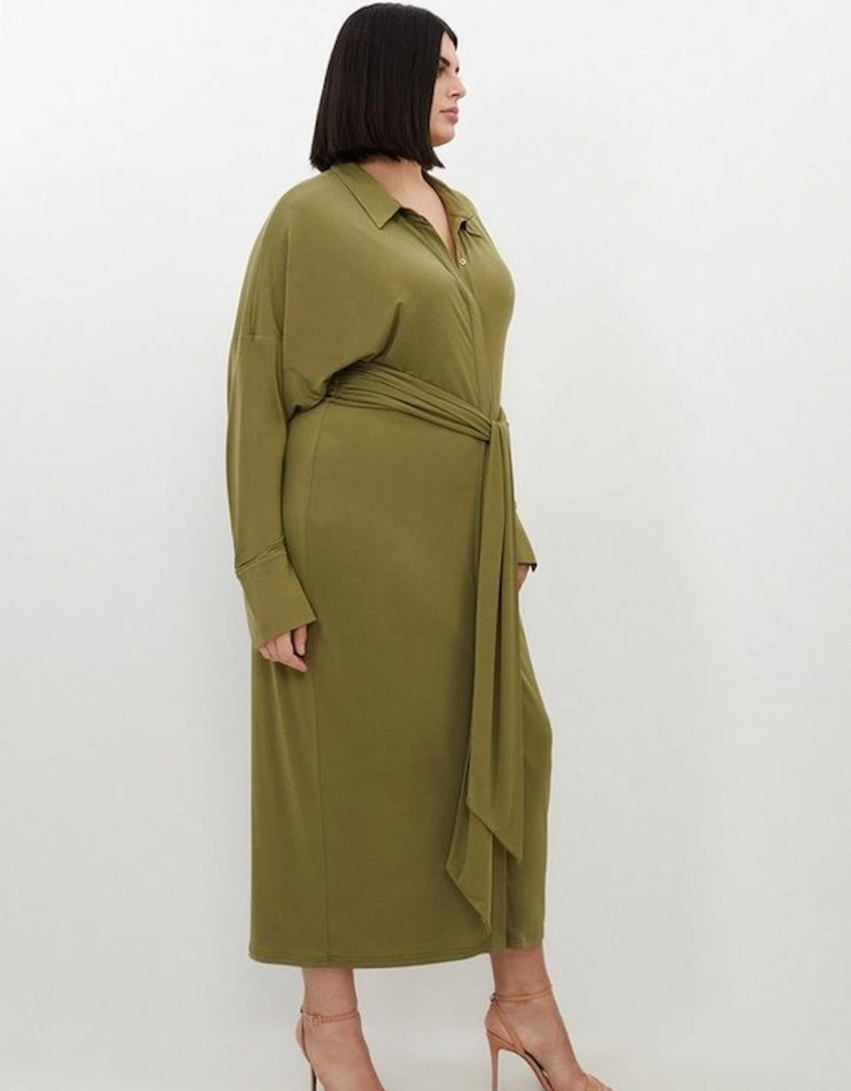 Plus Size Ruched Tie Waist Jersey Crepe Shirt Midi Dress