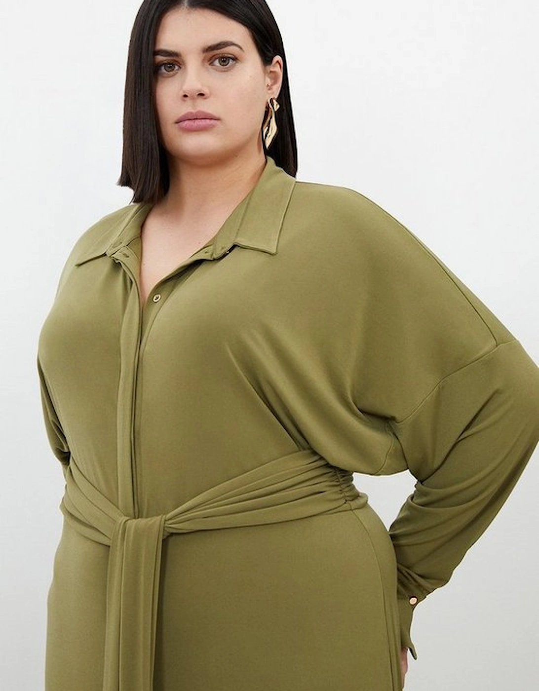 Plus Size Ruched Tie Waist Jersey Crepe Shirt Midi Dress