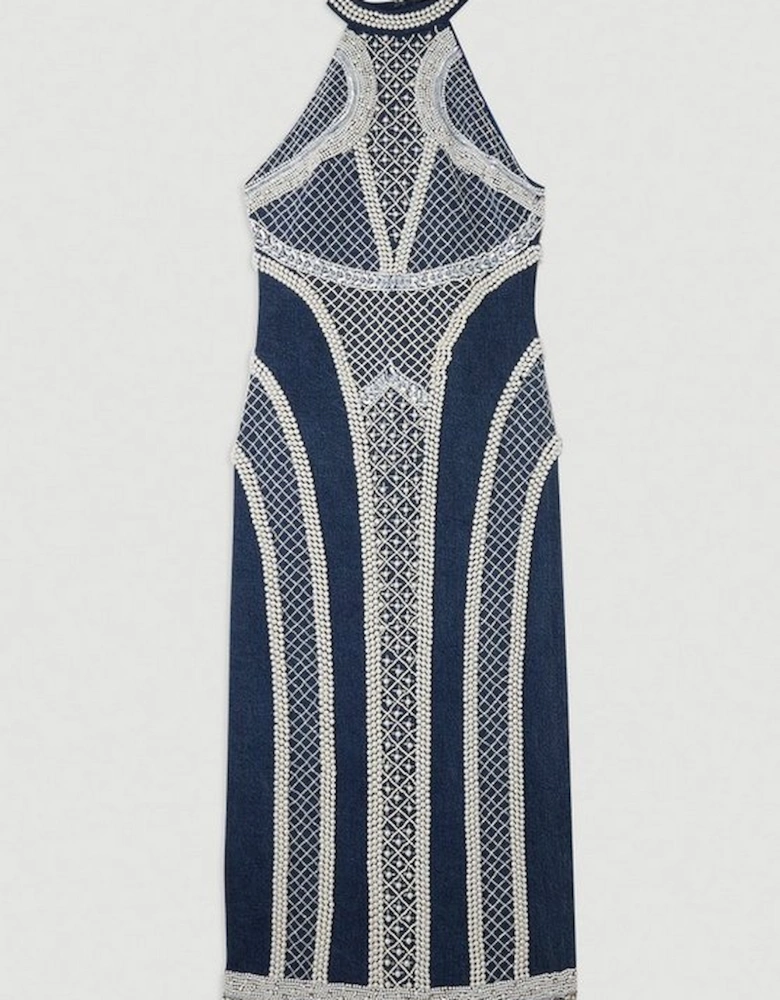 Embellished Pearl Denim Woven Maxi Dress