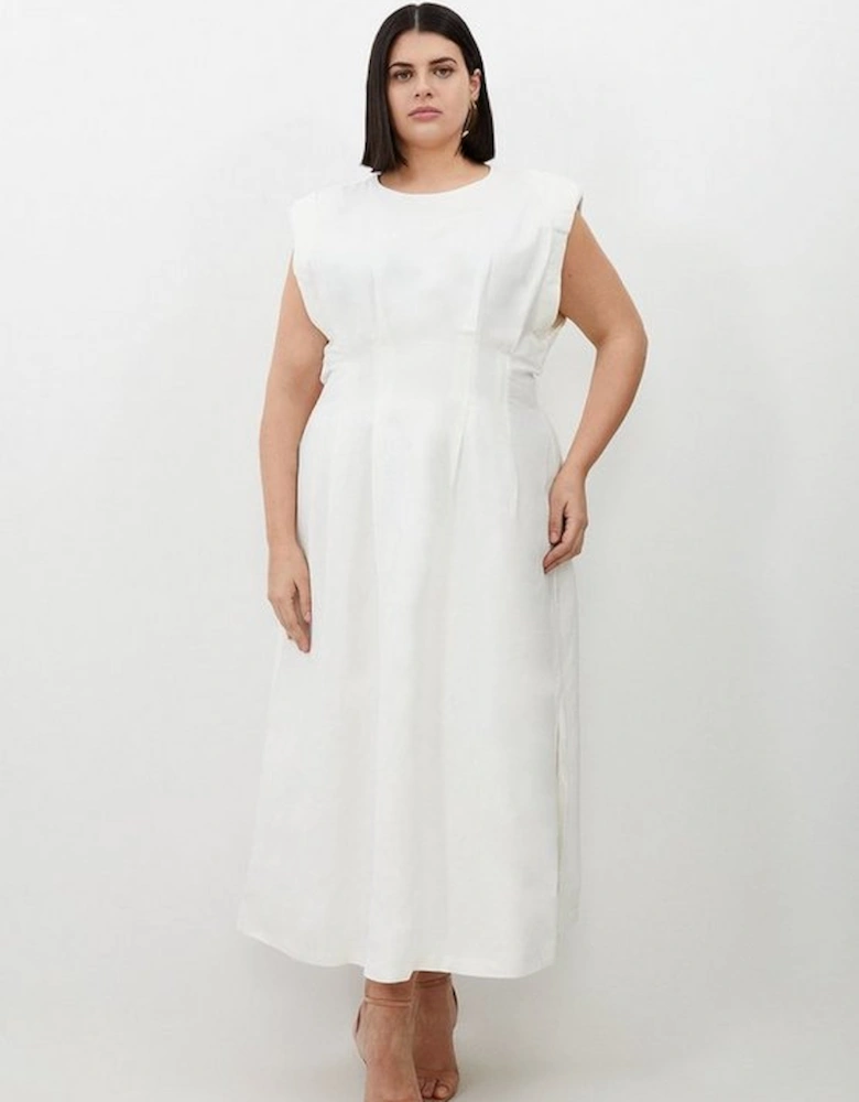 Plus Size Viscose Linen Woven Pintuck Midi Dress