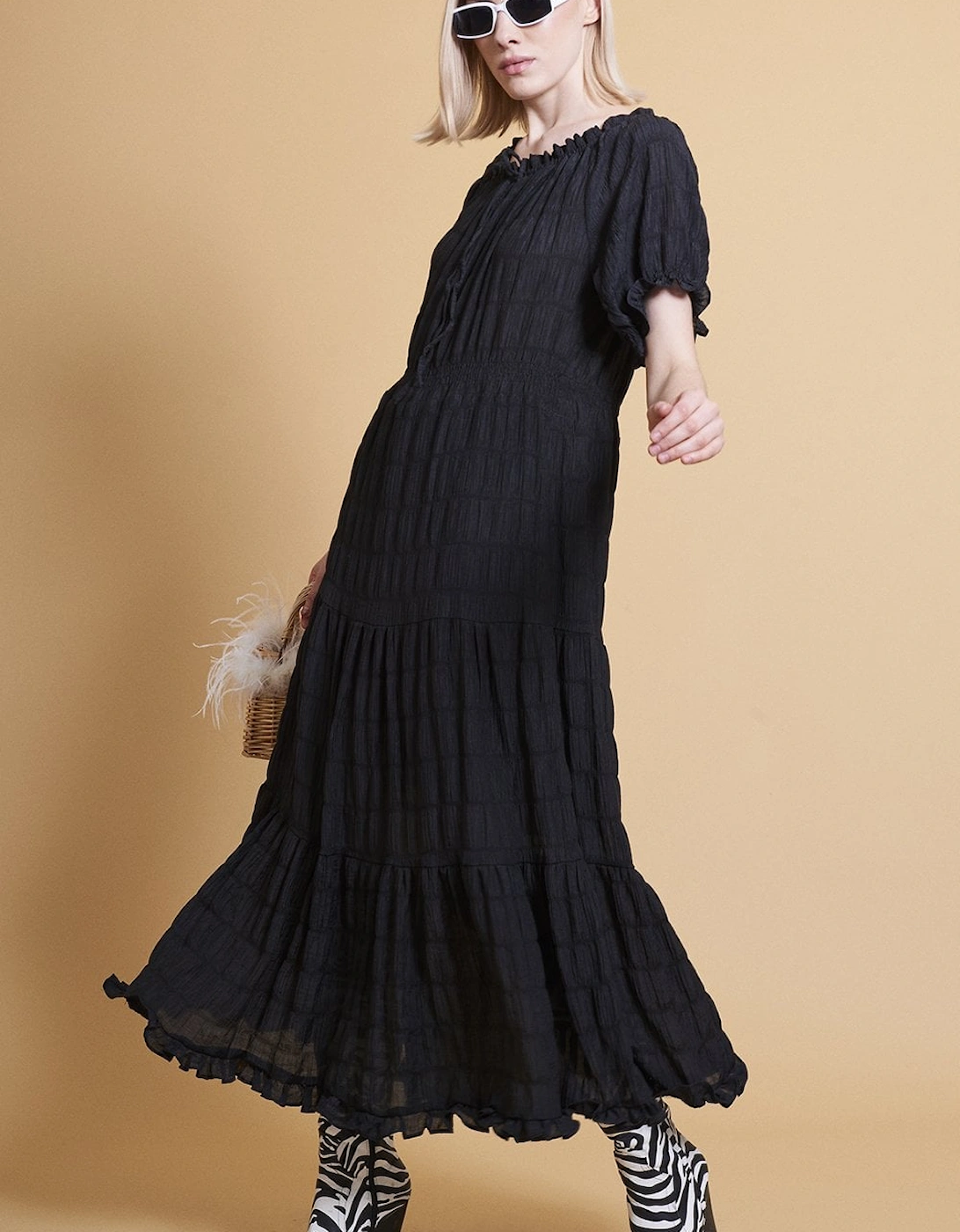 Black Silk Blend Maxi Ruffle Dress
