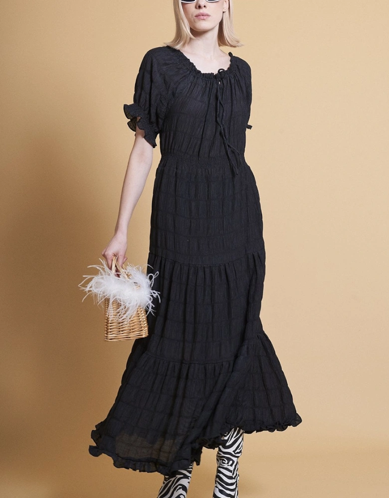 Black Silk Blend Maxi Ruffle Dress