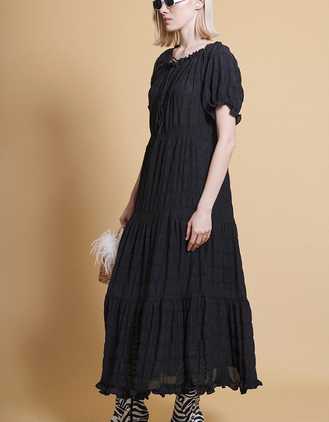 Black Silk Blend Maxi Ruffle Dress