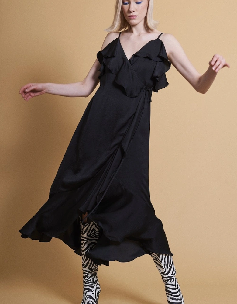 Black Silk Blend Maxi Ruffle Dress