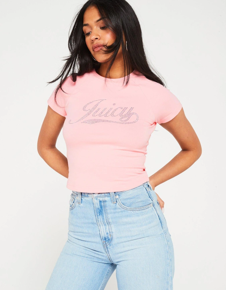 Fitted Jersey Tee With Retro Juicy Diamante Logo - Pink