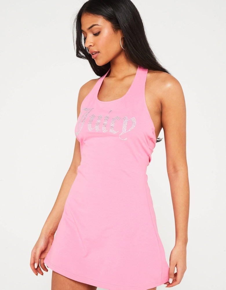 Hector Fitted Jersey Halter Dress With Juicy Diamante Logo - Pink