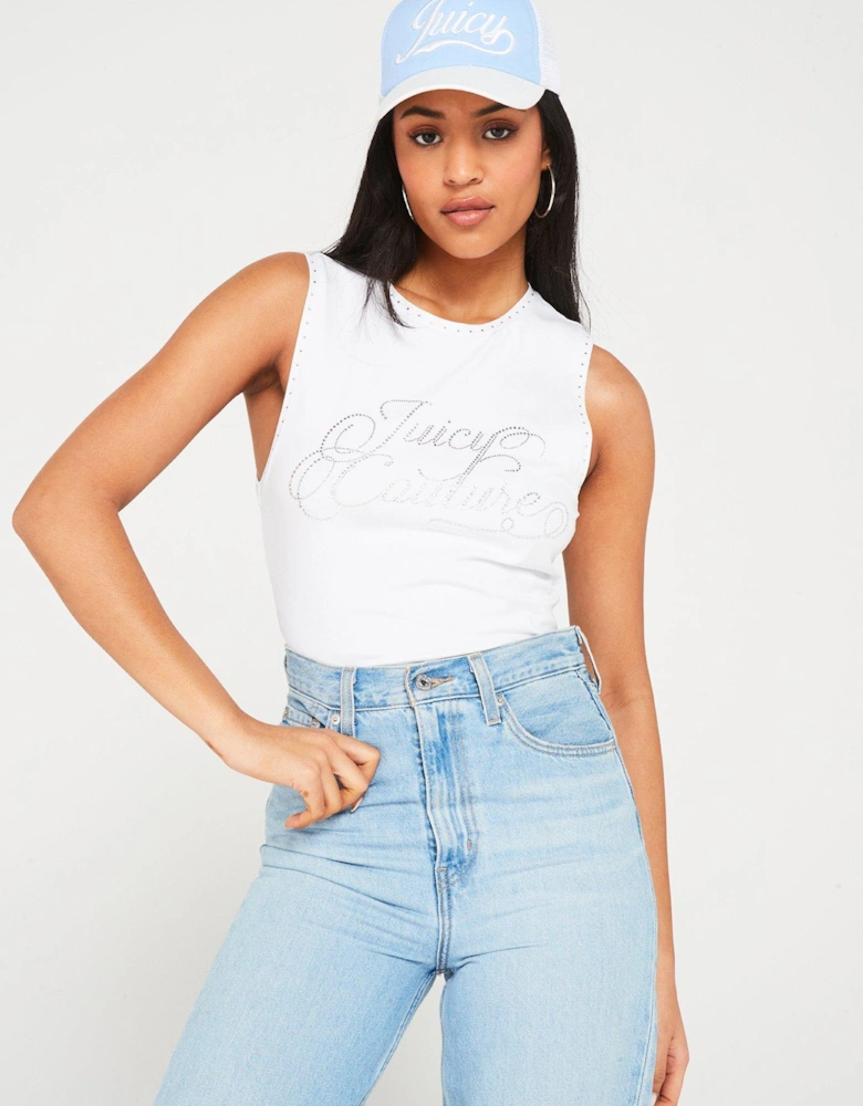 Fitted Tank Top With Diamante Script Branding - White