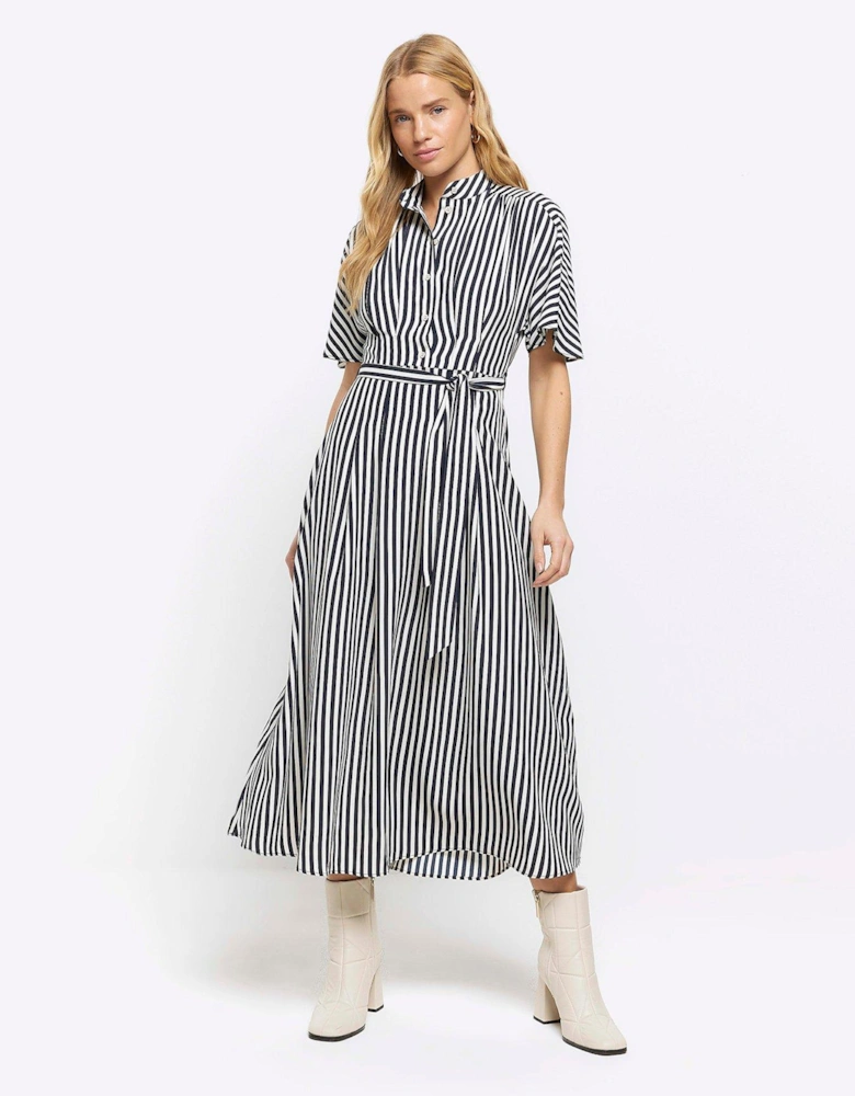 Belted Striped Shirt Dress - Navy