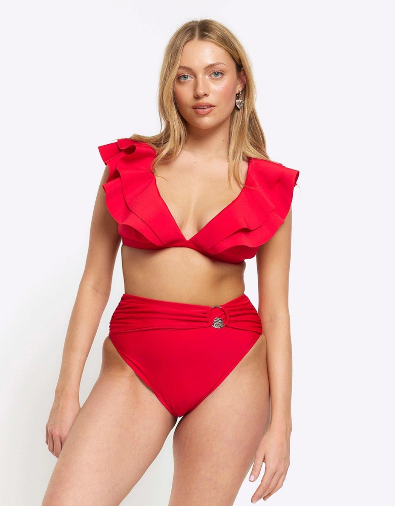 Frill Detail Plunge Bikini Top - Red