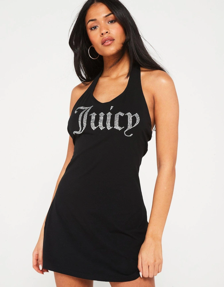 Hector Fitted Jersey Halter Dress With Juicy Diamante Logo - Black