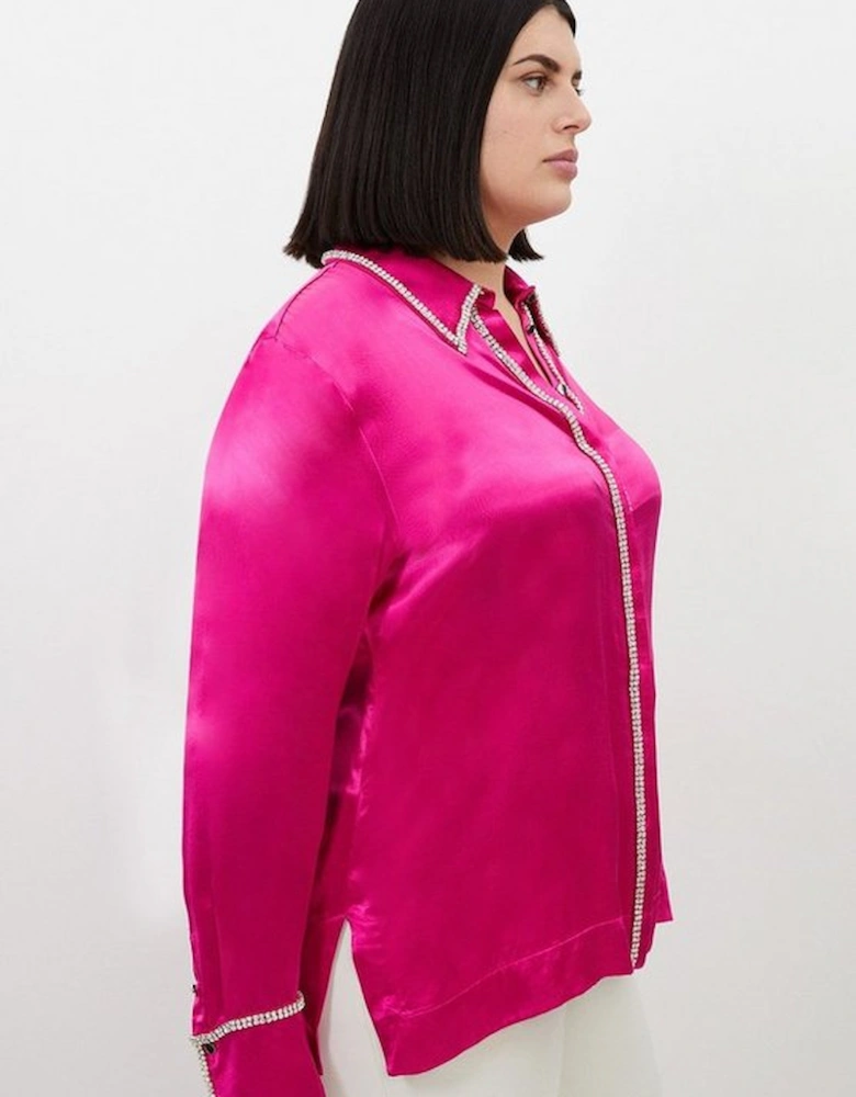 Plus Size Diamante Trim Viscose Satin Shirt