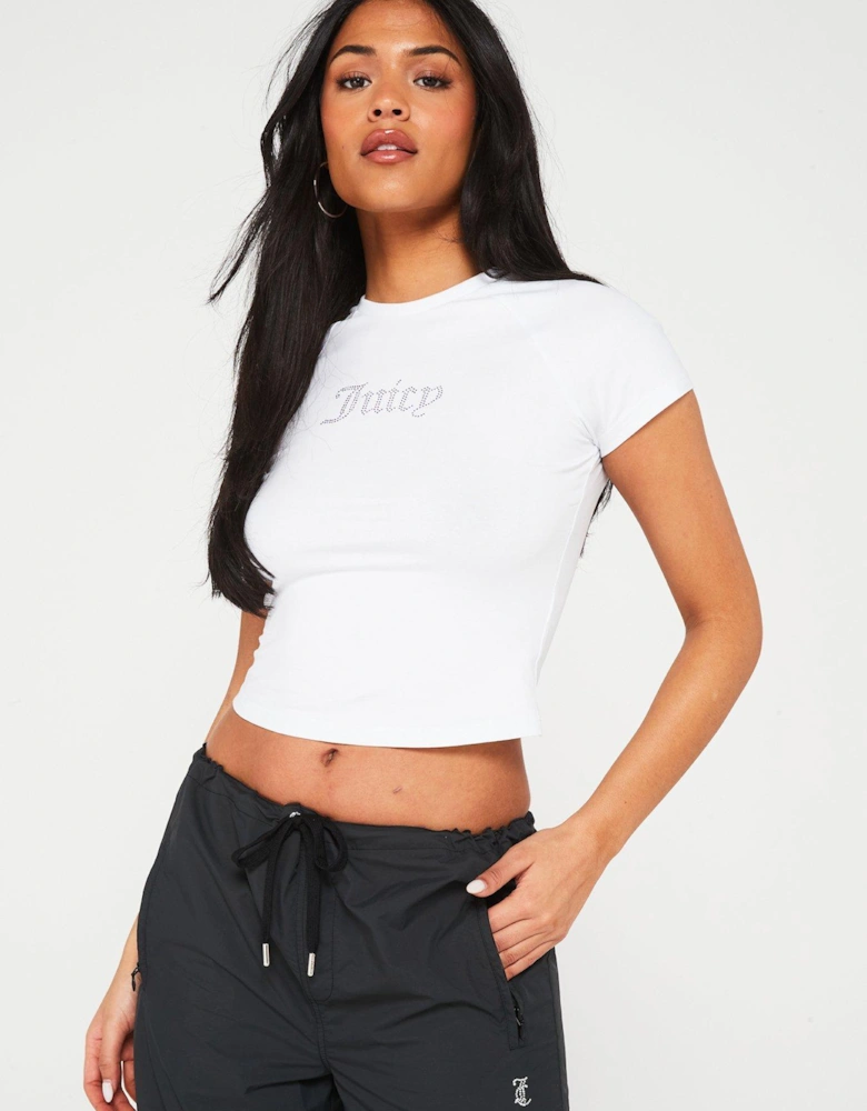 Shrunken Diamante Fitted Jersey Tee With Small Juicy Diamante Logo - White