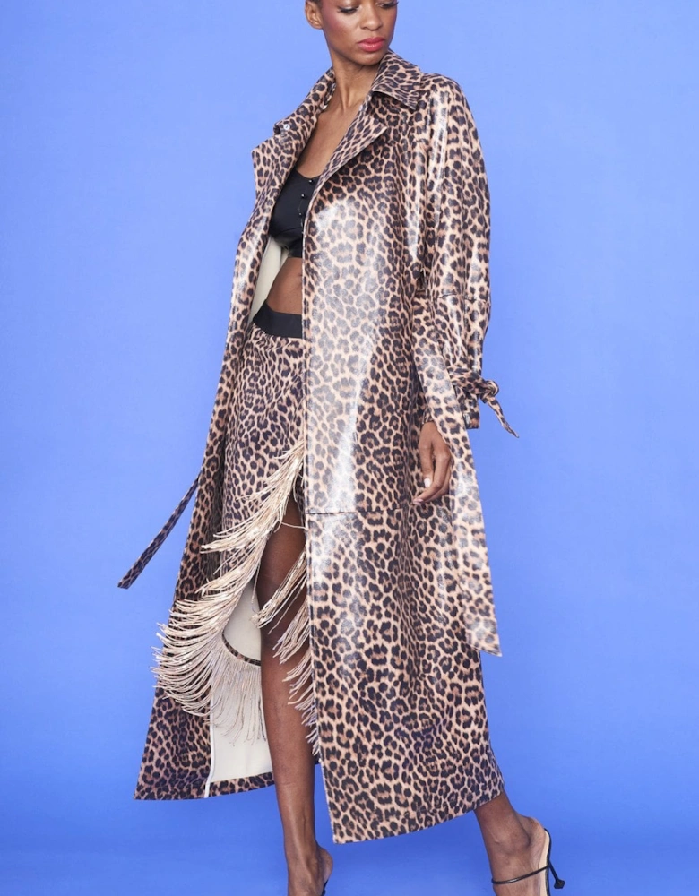 Banana Peel Eco Leather Leopard Print Trench Coat