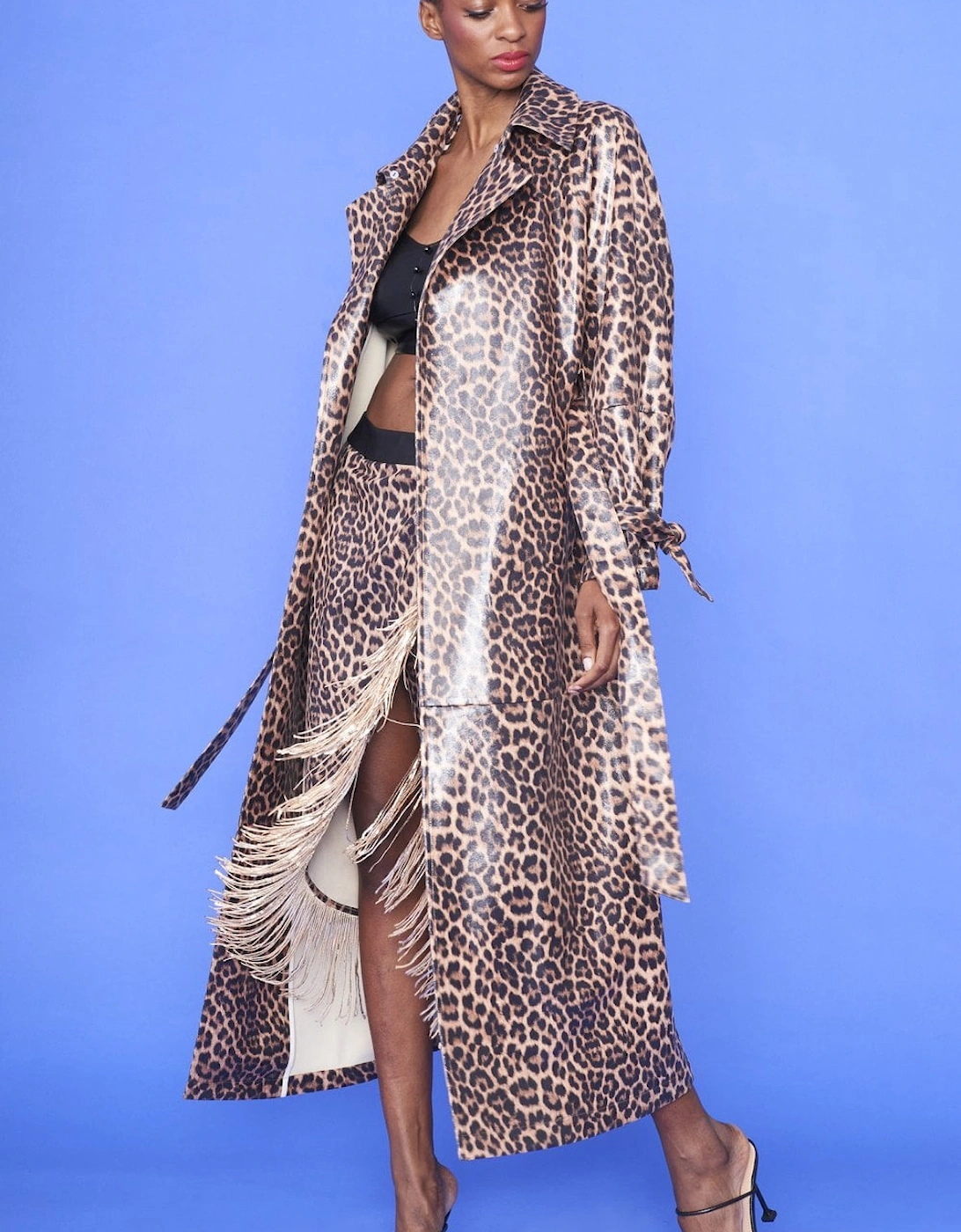 Banana Peel Eco Leather Leopard Print Trench Coat