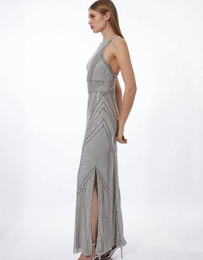 Petite Premium Beading Embellished Woven Halter Maxi Dress