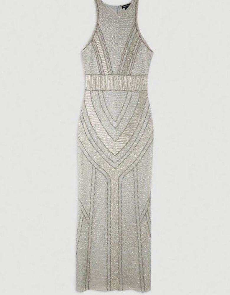 Petite Premium Beading Embellished Woven Halter Maxi Dress