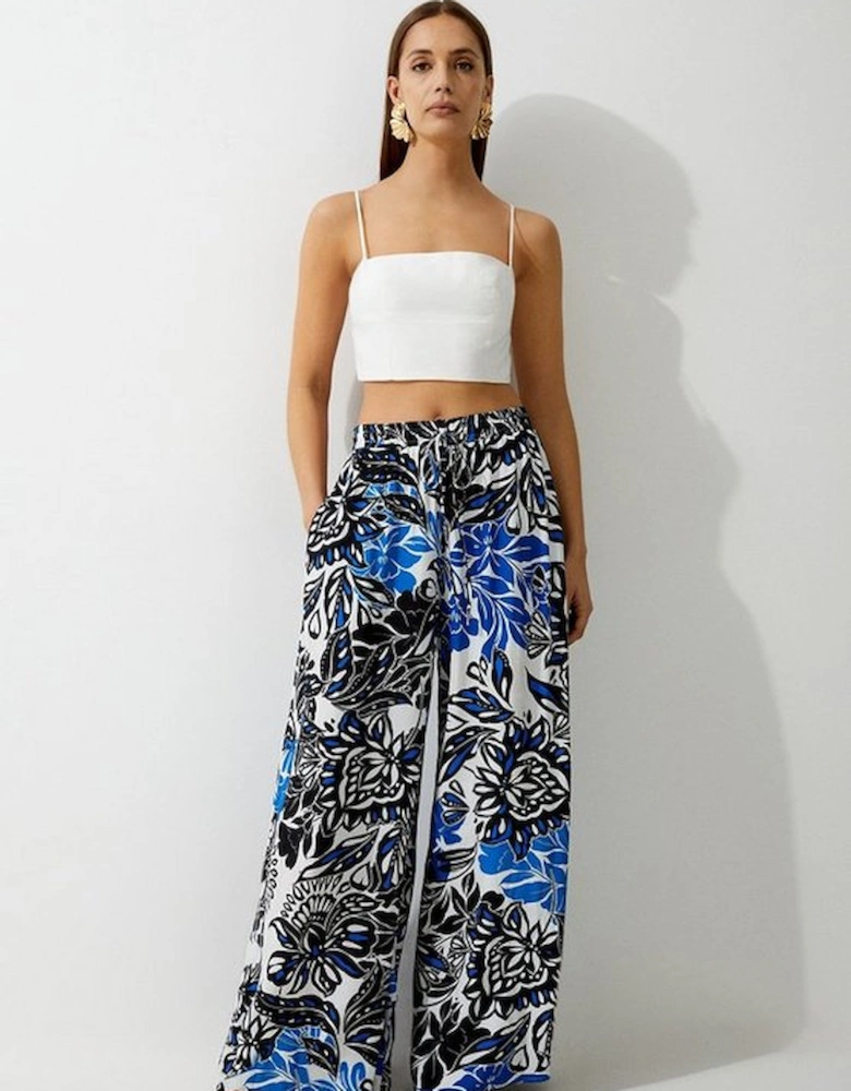 Petite Floral Printed Morocain Woven Wide Leg Trousers