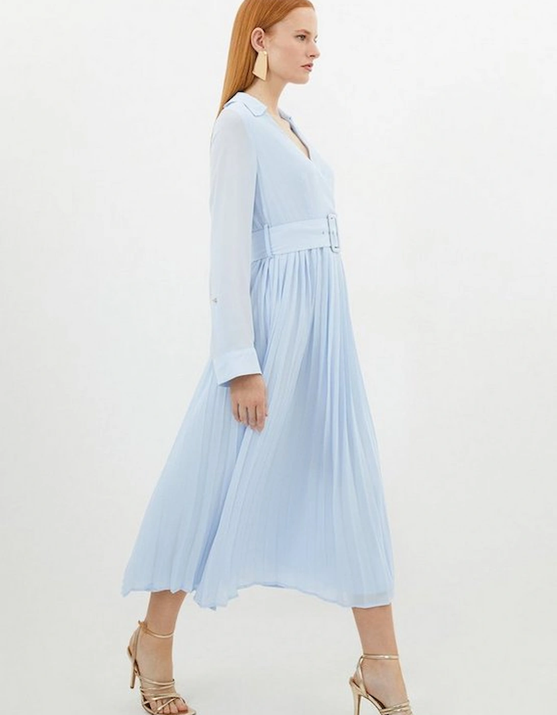 Georgette Woven Belted Pleated Midi Dress
