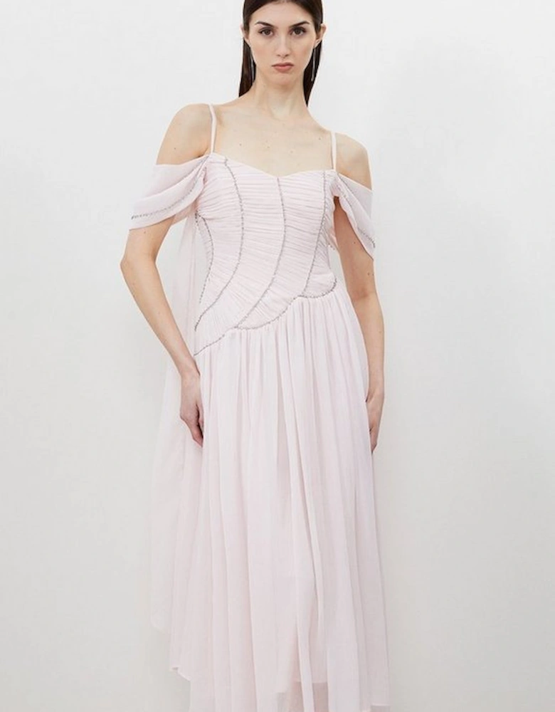 Cold Shoulder Embellished Ruched Georgette Woven Maxi Dress