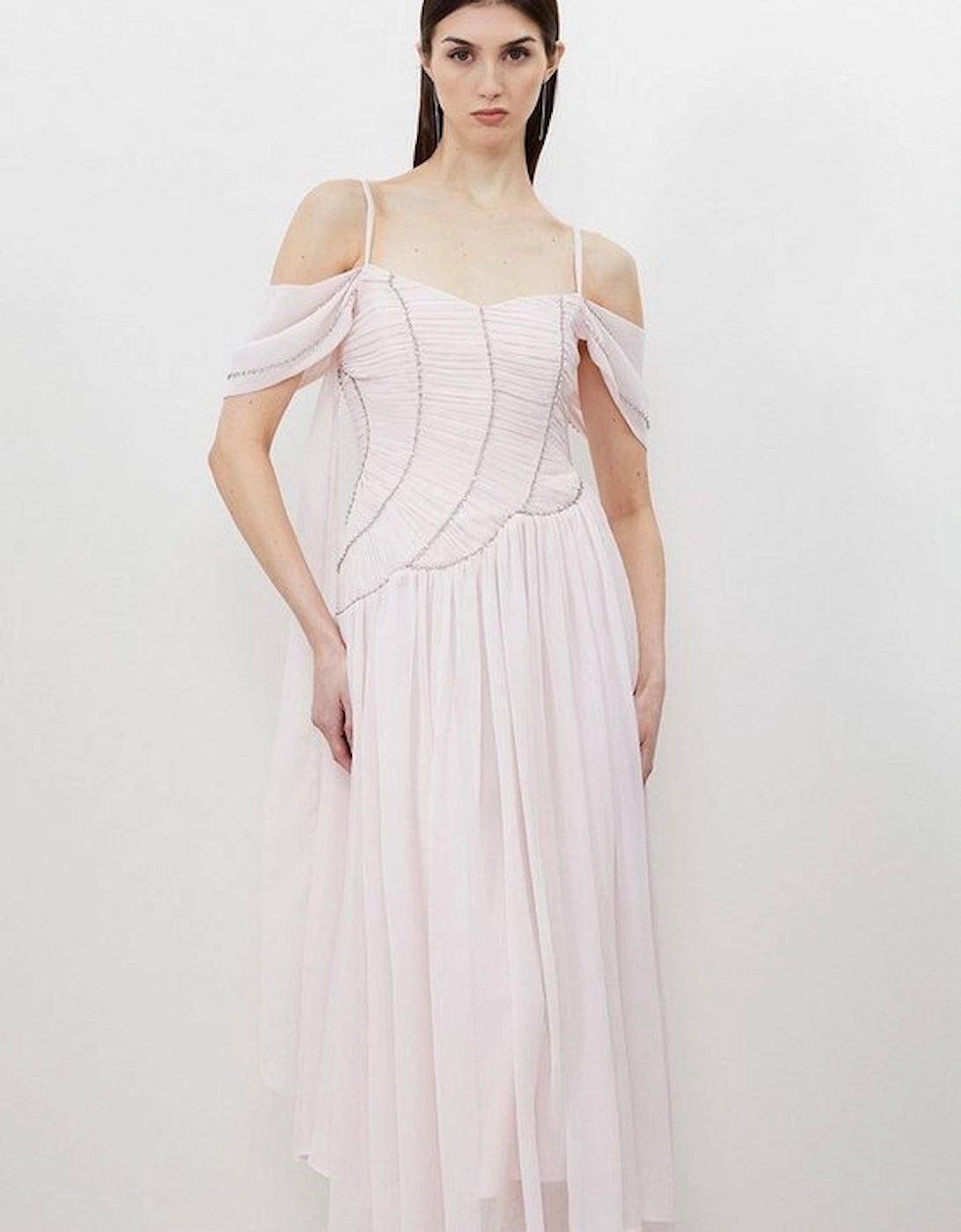 Cold Shoulder Embellished Ruched Georgette Woven Maxi Dress, 5 of 4