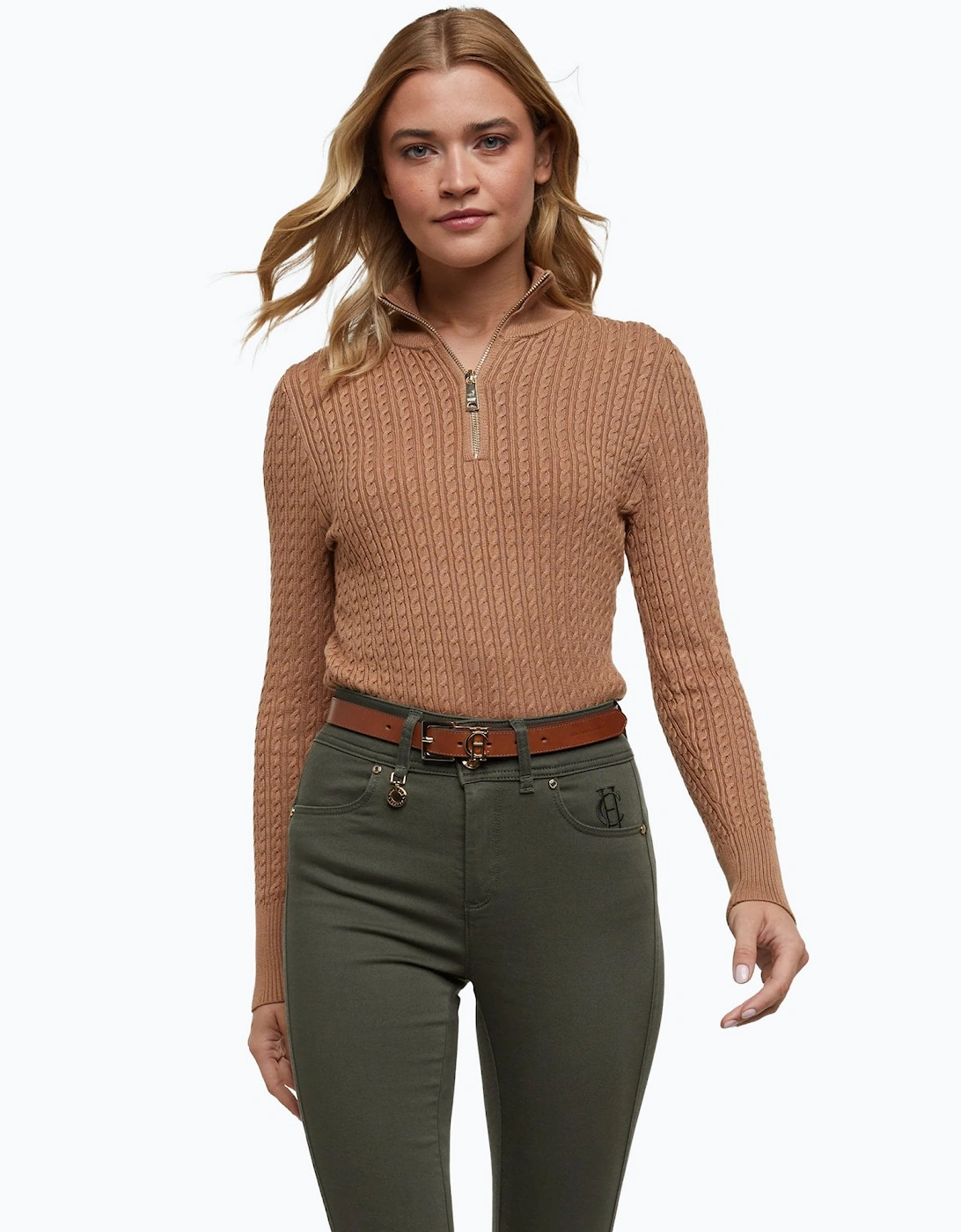 Ava Half Zip Camel Cable Knit