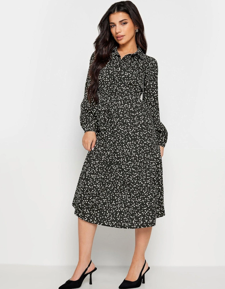 Petite Heart Print Tiered Dress - Black