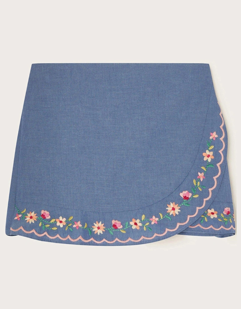 Girls Embroidered Chambray Skort - Blue