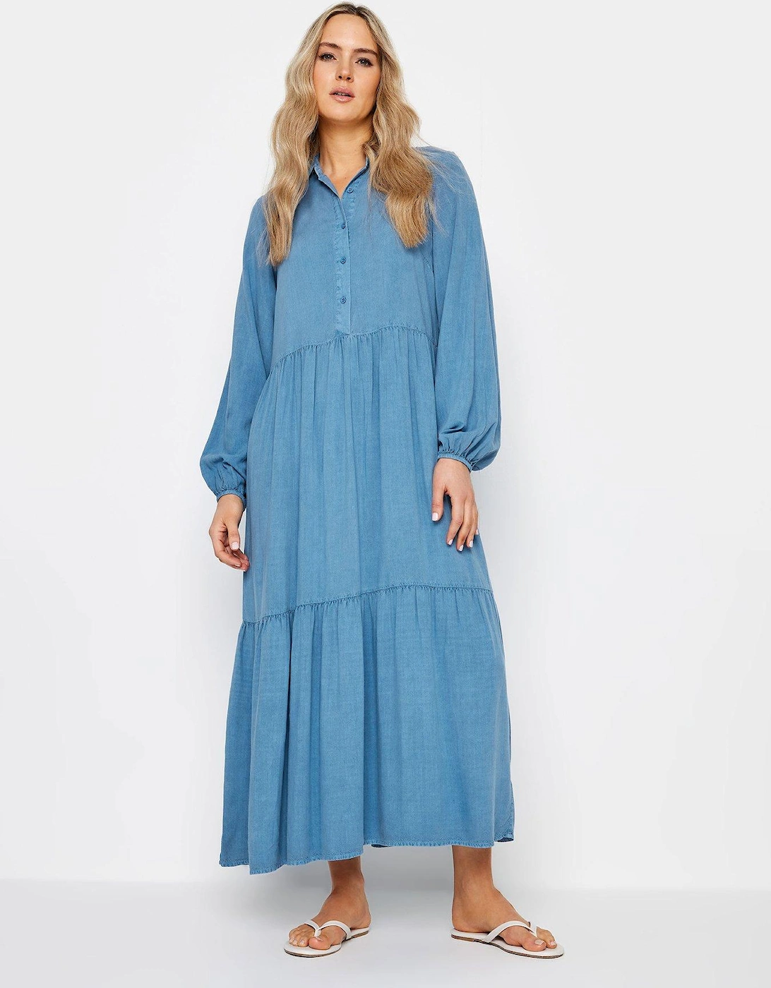 Tall Chambray Acid Wash Smock Tiered Dress, 2 of 1