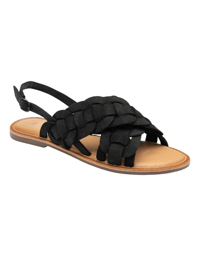 Perran Woven Front Leather Flat Sandals - Black