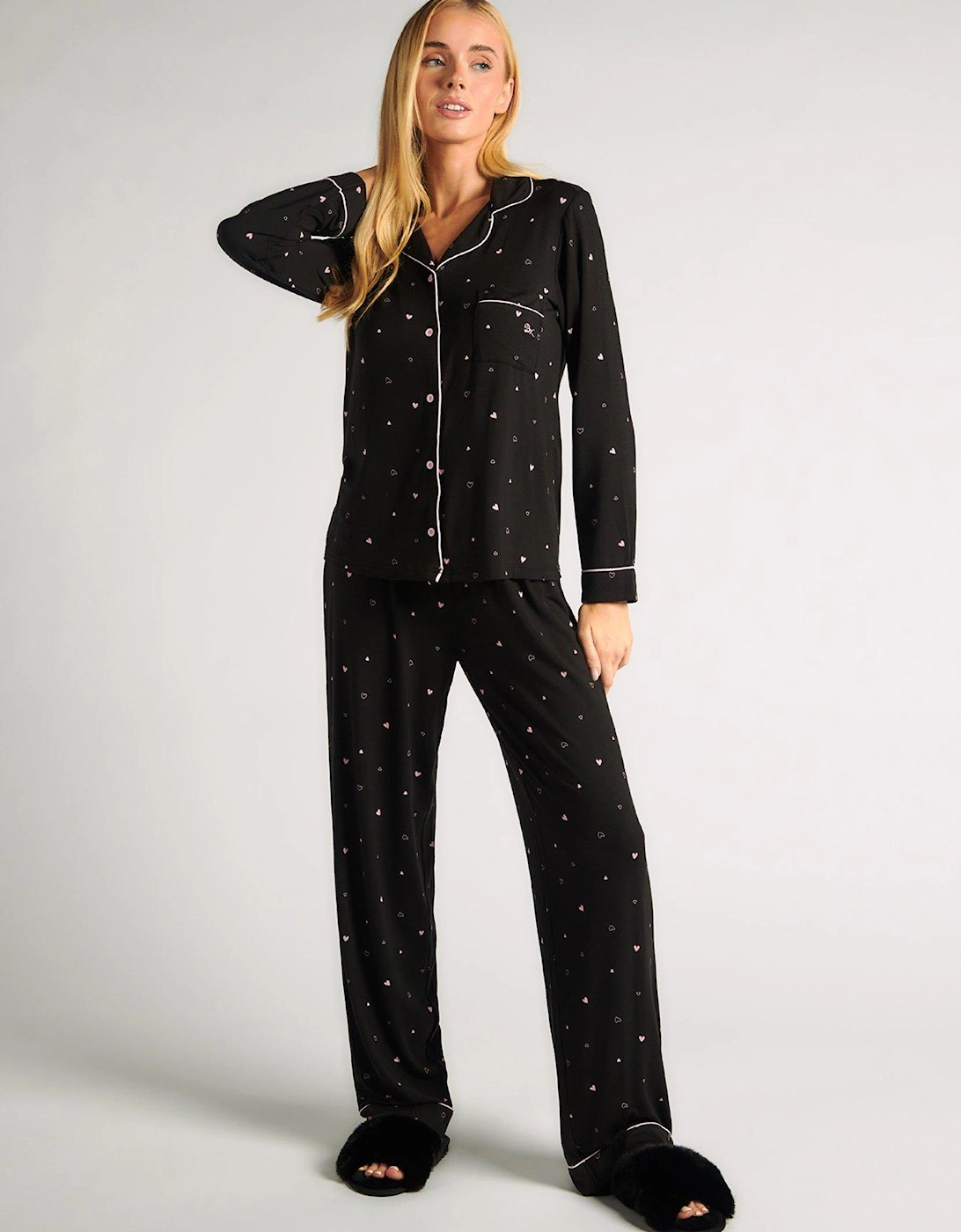 Premium Modal Jersey Ditsy Heart Print Pyjama Set - Black, 6 of 5