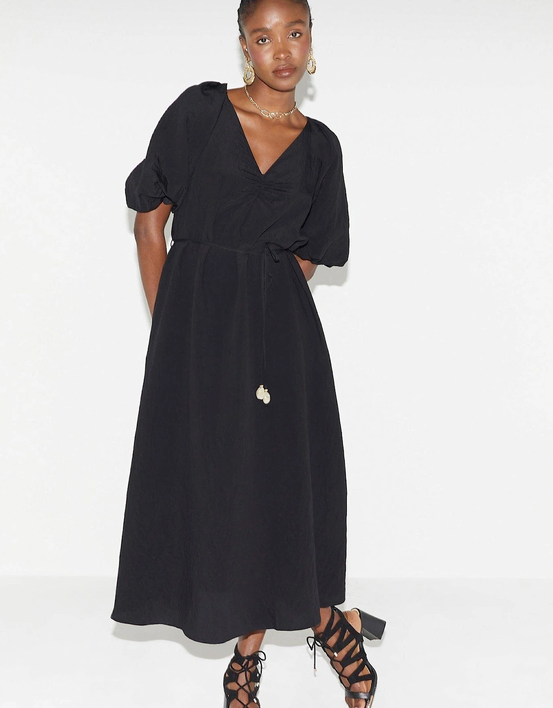 Belted Puff Sleeve Dress - Black, 2 of 1