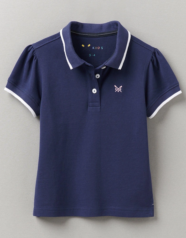 Girls Classic Polo Shirt With Puff Sleeves - Dark Blue