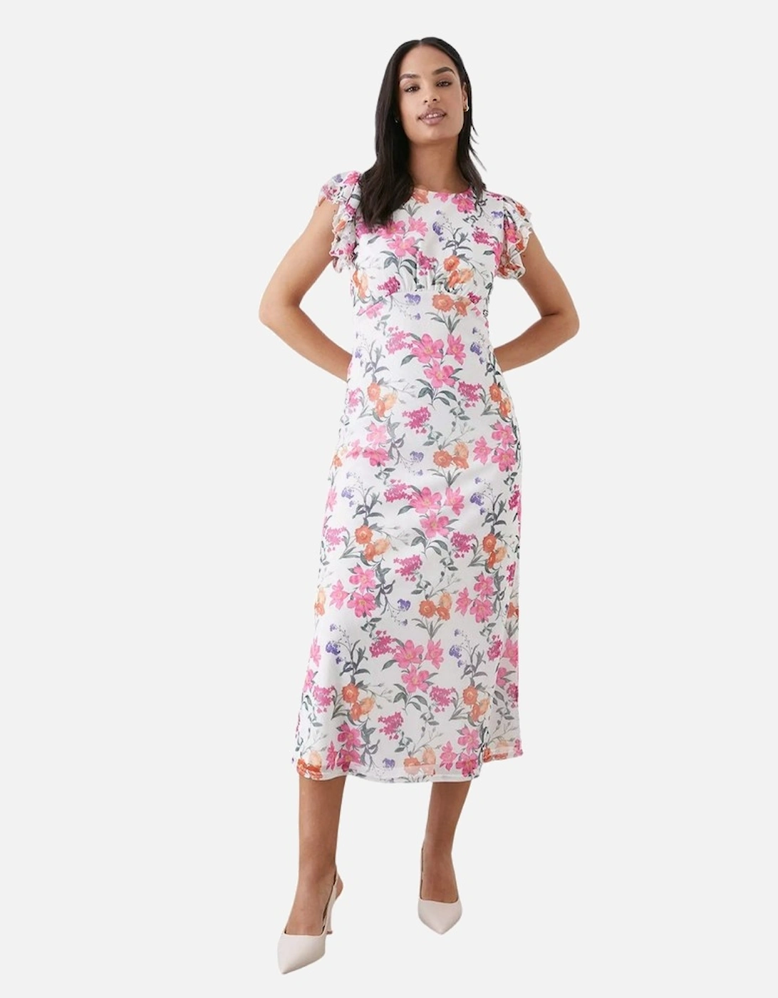 Womens/Ladies Floral Mesh Flutter Midi Dress, 4 of 3