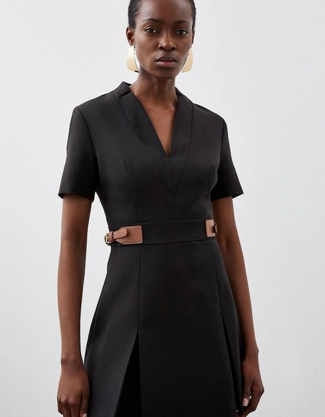 Petite Compact Stretch Tab Detail Pleated Mini Dress, 4 of 3