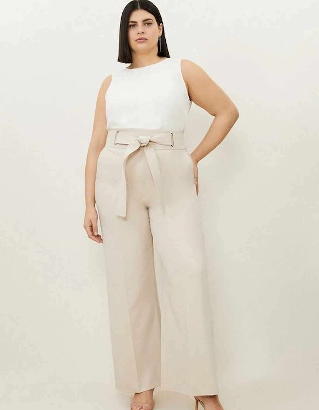 Plus Size Tailored Viscose Linen Eyelet Detail Belted Straight Leg Trouser, 2 of 1