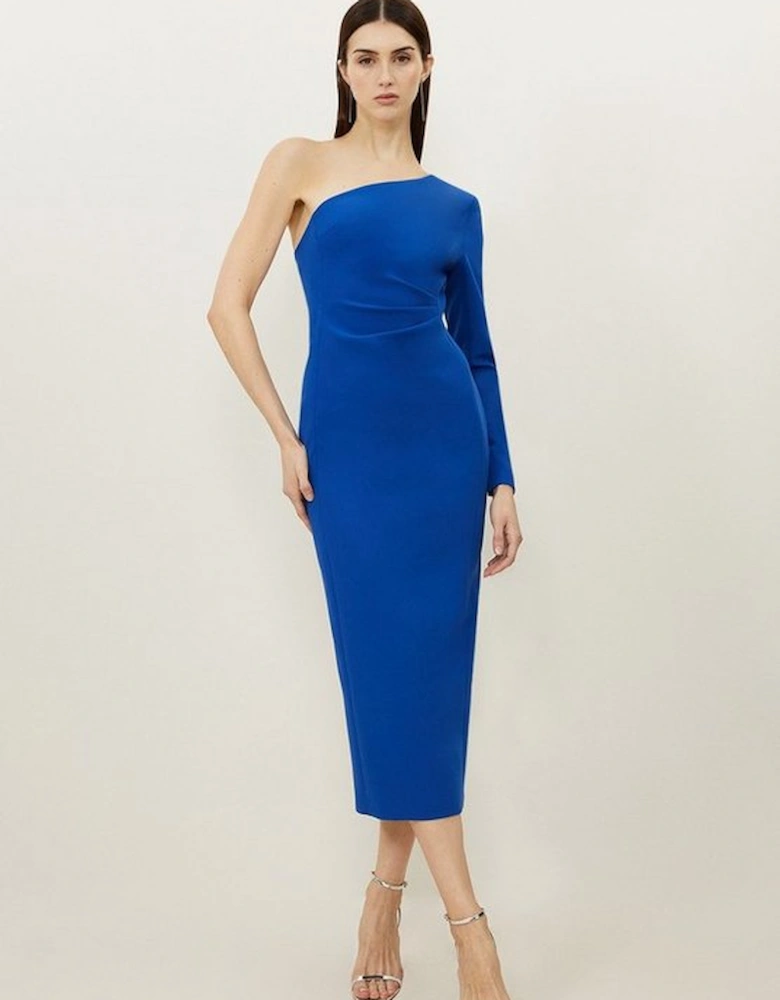 Clean Tailored One Shoulder Ruched Waist Midi Dress