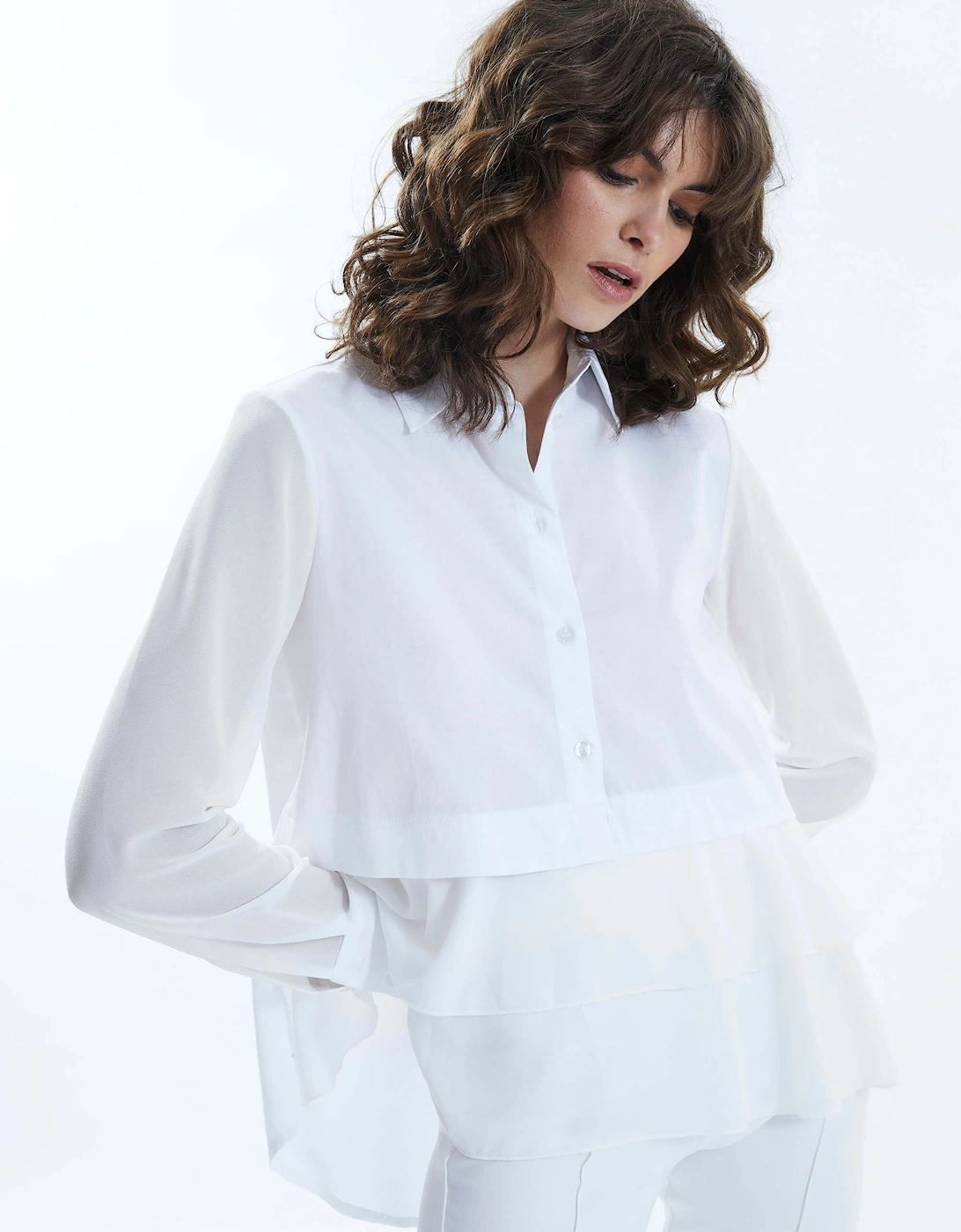 Sheer Sleeve Ruffle Shirt White