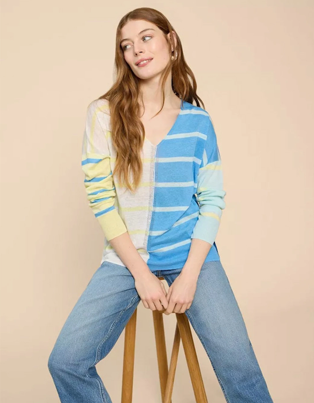 Women's Linen V Neck Jumper Blue Multi