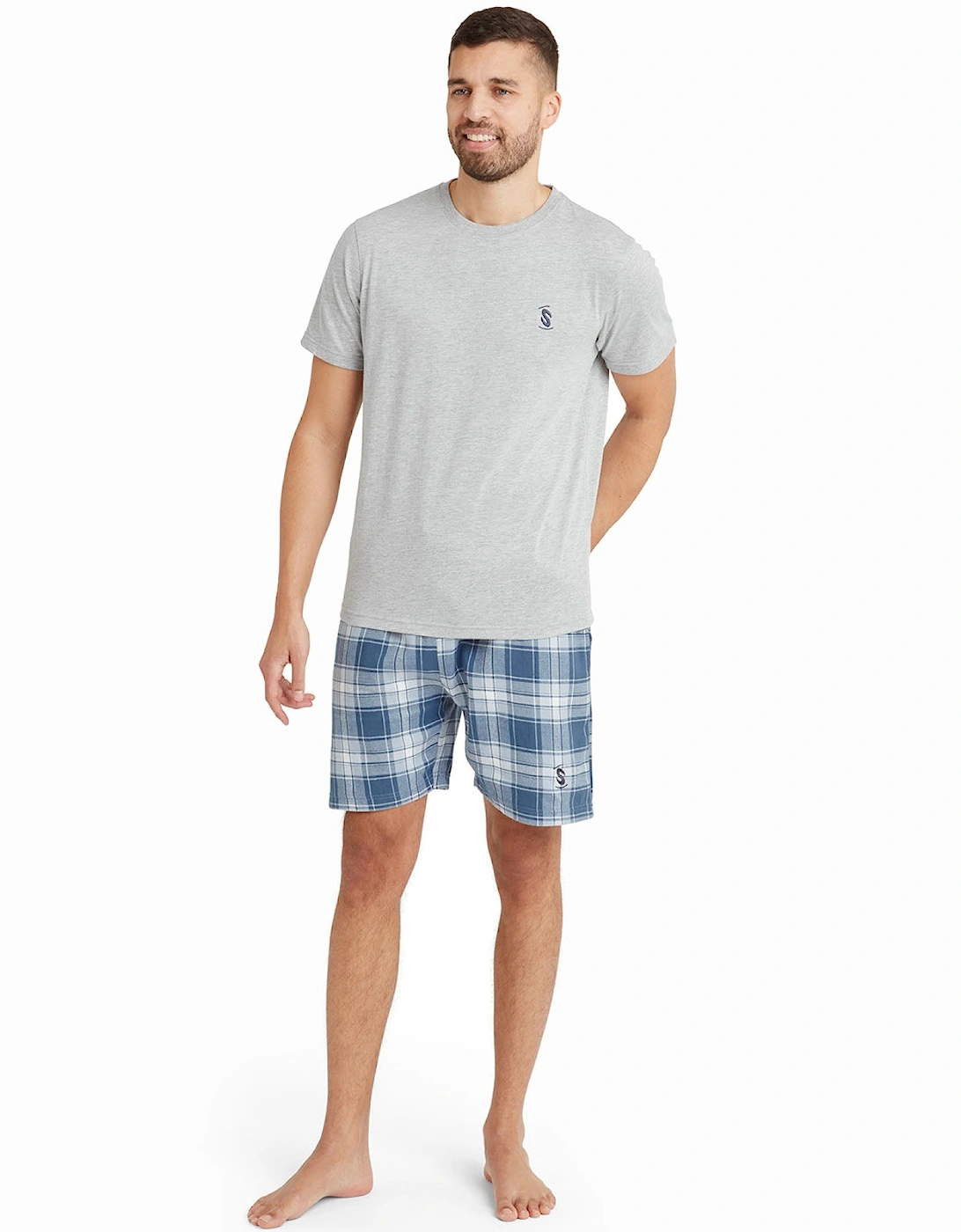 Mens Short Sleeve T-Shirt Check Shorts Pyjama Set