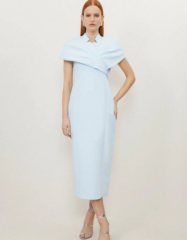 Clean Tailored Wrap Cape Sleeve Midi Pencil Dress
