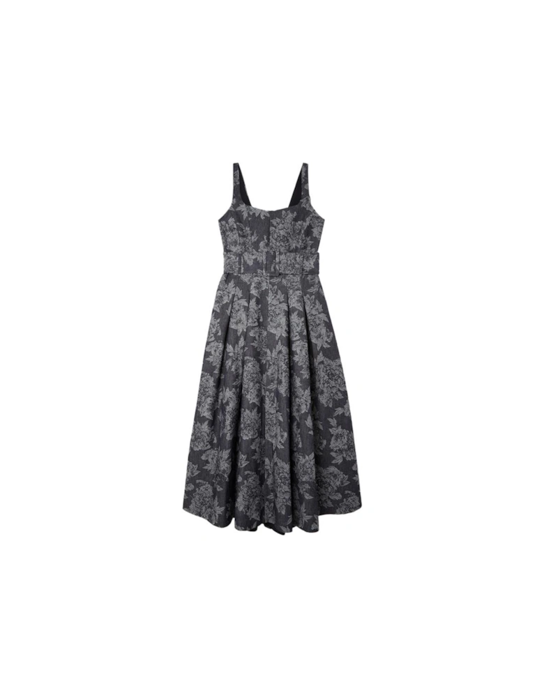 Denim Jacquard Full Skirt Belted Midi Dress