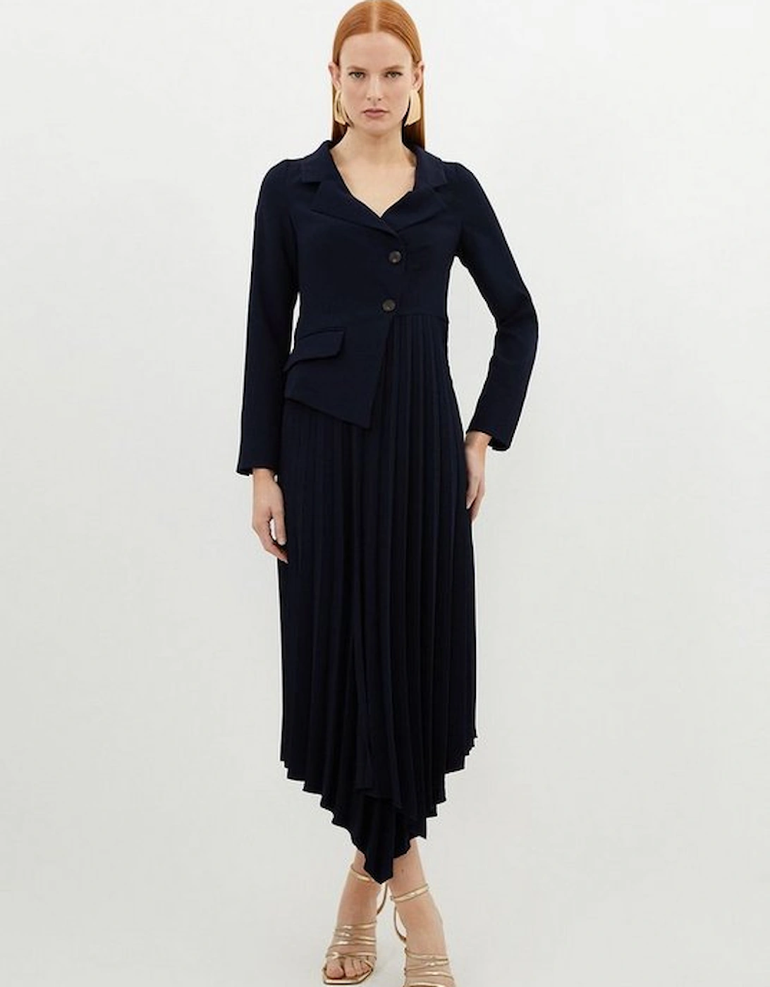 Tailored Crepe Asymmetric Pleated Skirt Blazer Midaxi Dress, 5 of 4