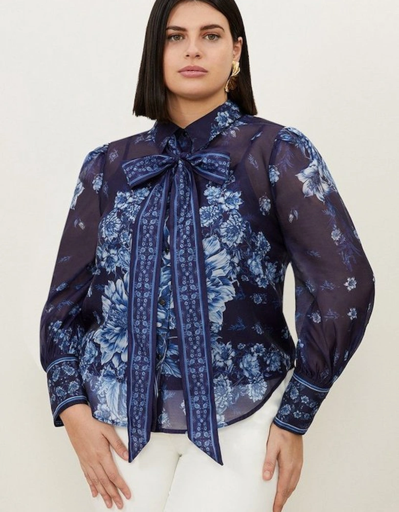 Plus Size Organdie Floral Placement Print Tie Woven Blouse