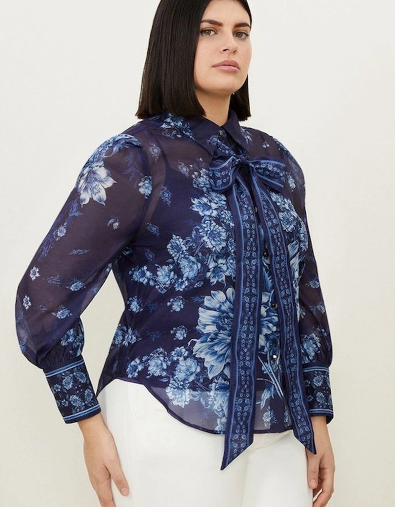 Plus Size Organdie Floral Placement Print Tie Woven Blouse