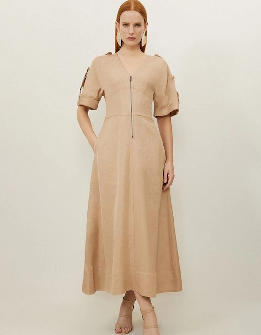 Premium Linen Twill Woven Short Sleeve Midi Dress, 5 of 4