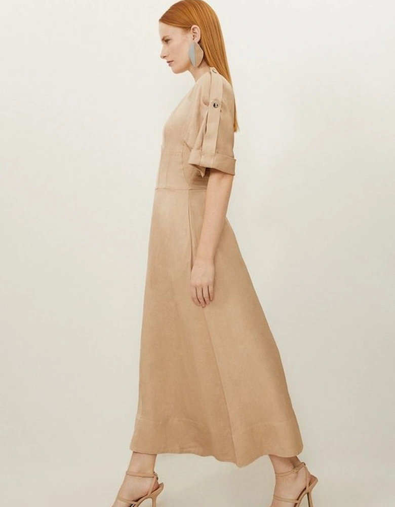 Premium Linen Twill Woven Short Sleeve Midi Dress
