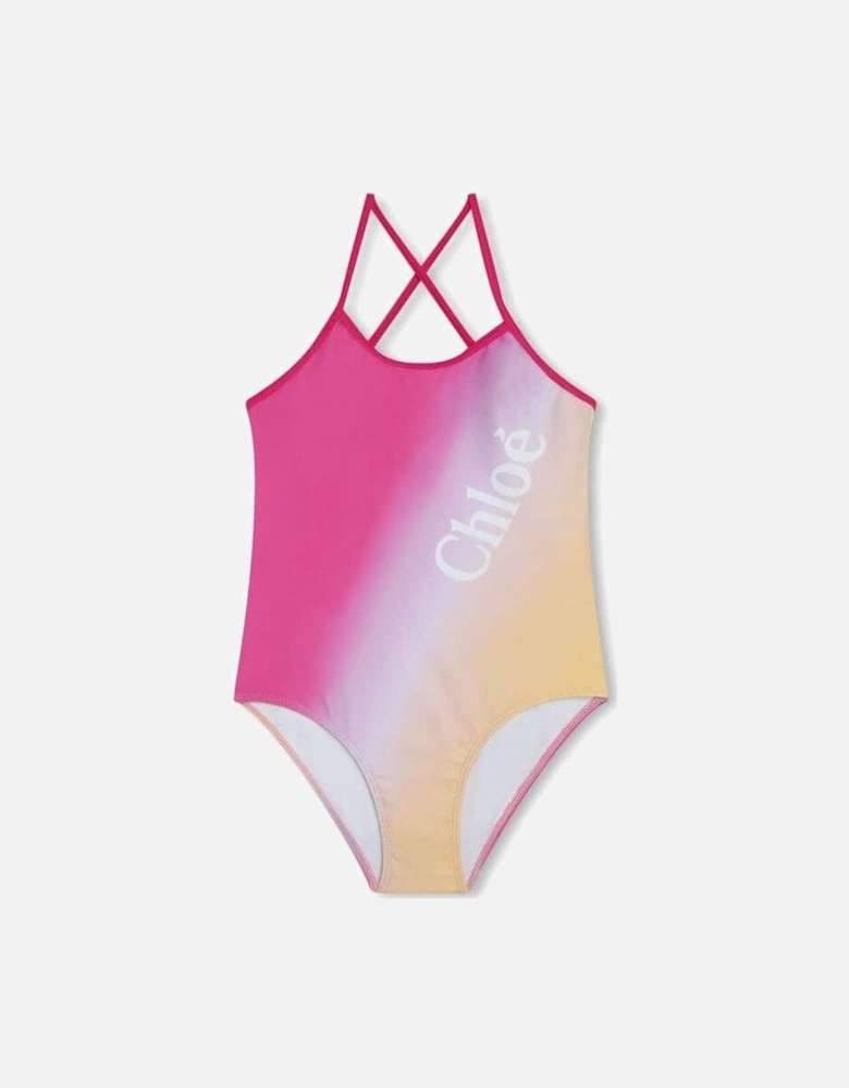 Girls Pink Tie Dye Swimming Costume